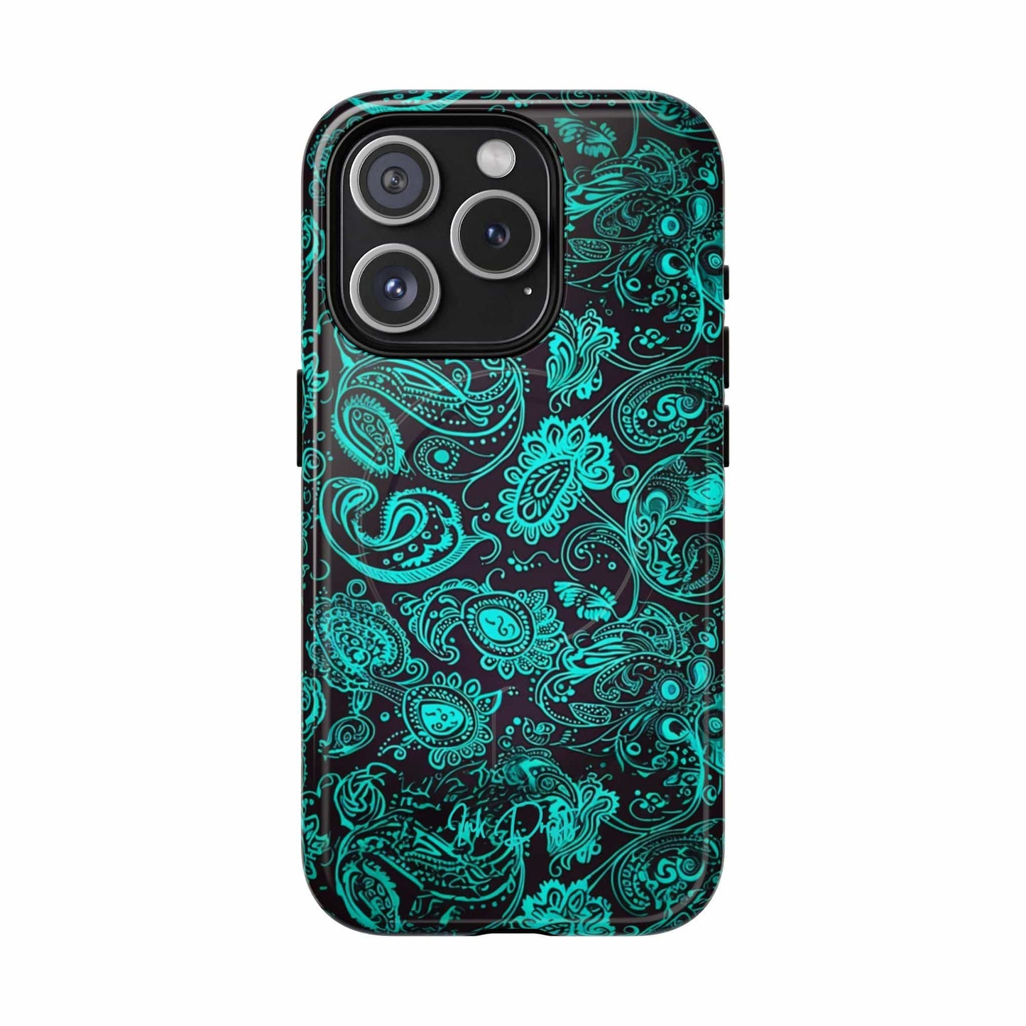 iPhone 15 Pro Glossy Phone Case - Teal Paisley | MagSafe iPhone Case