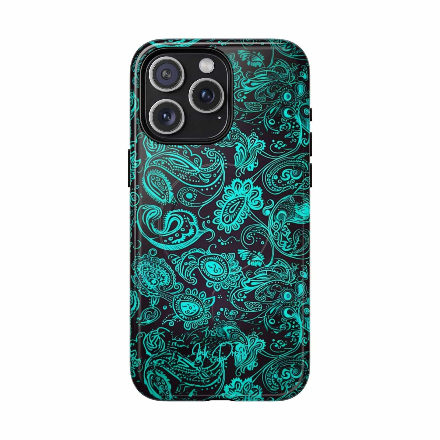iPhone 15 Pro Max Glossy Phone Case - Teal Paisley | MagSafe iPhone Case