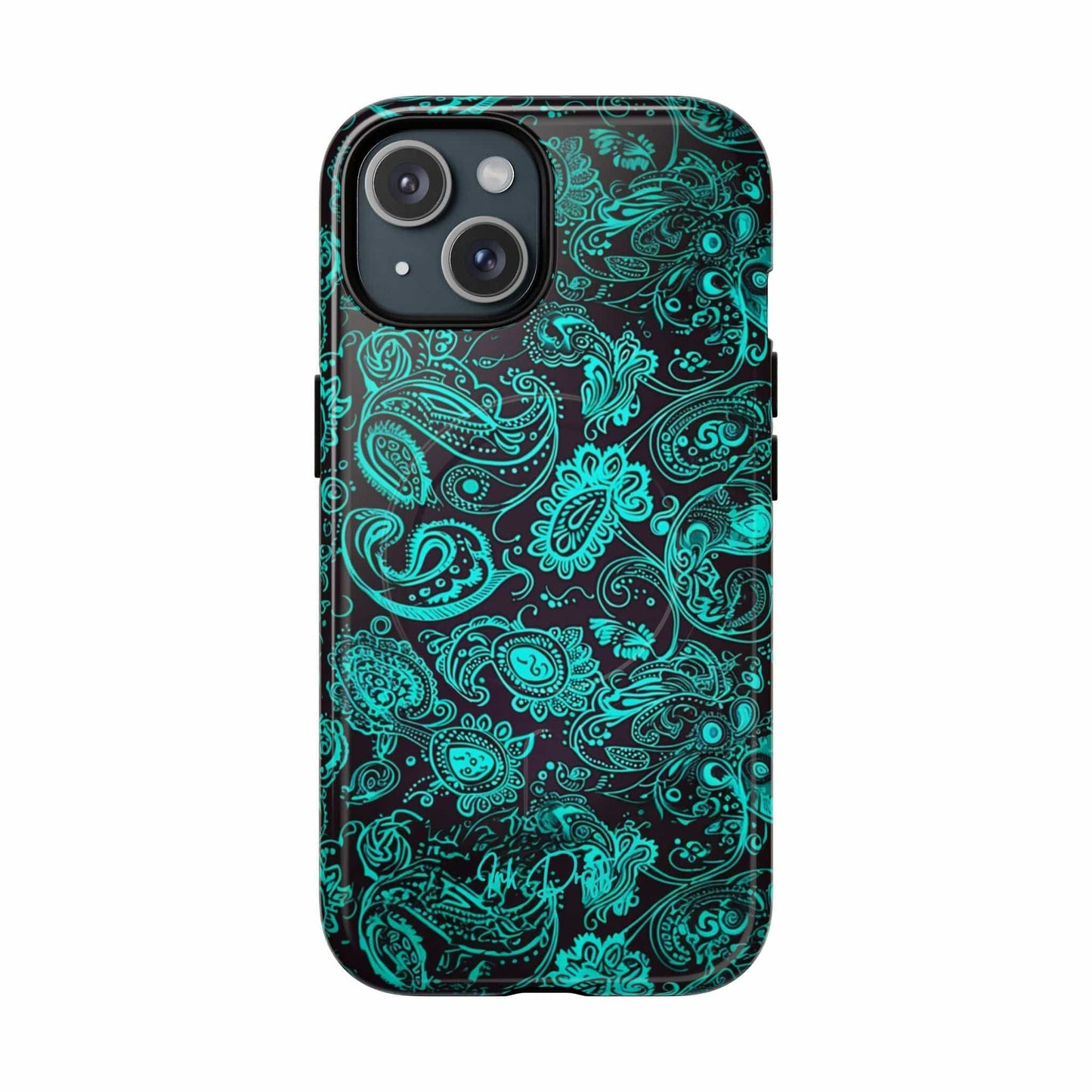 iPhone 15 Glossy Phone Case - Teal Paisley | MagSafe iPhone Case