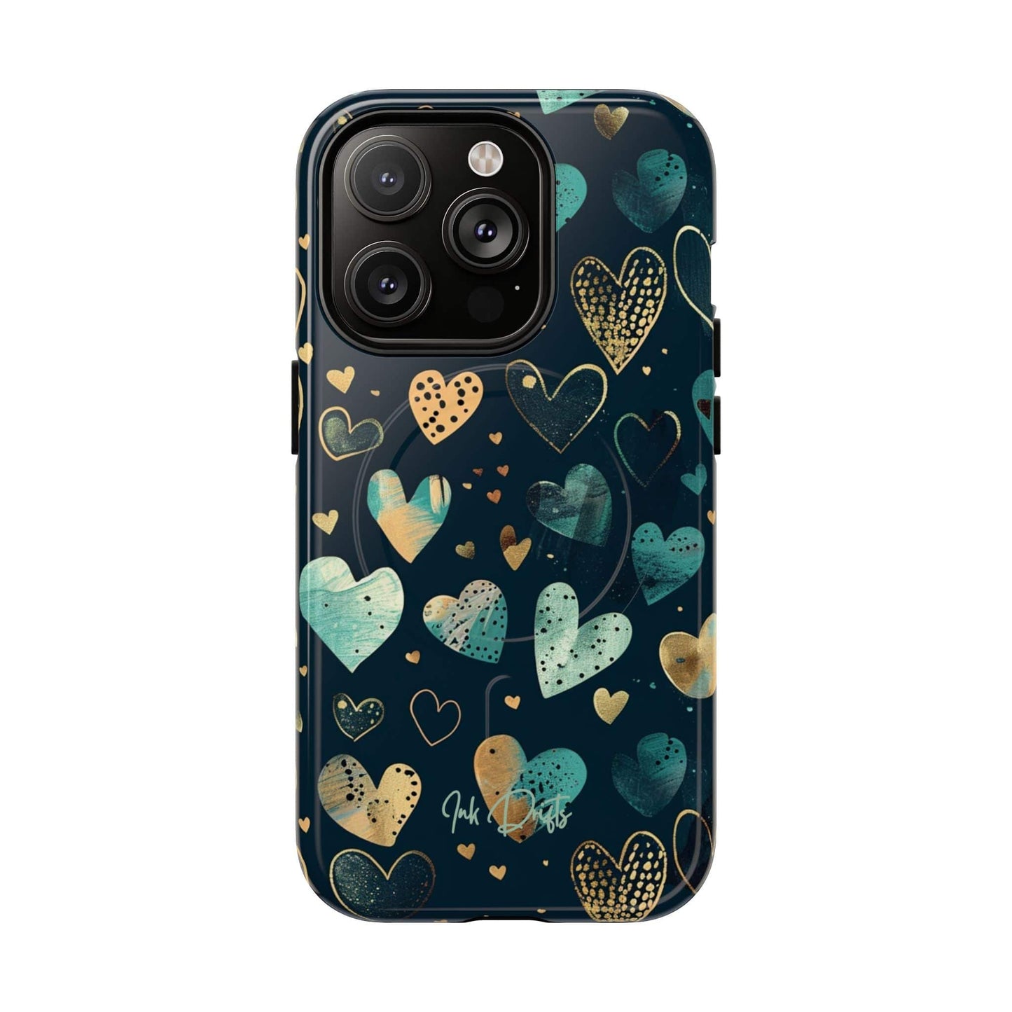 iPhone 14 Pro Glossy Phone Case - Golden Hearts | MagSafe iPhone Case