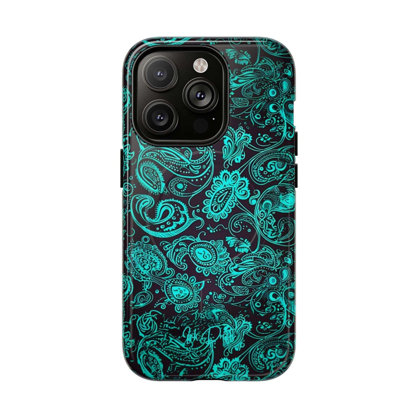 iPhone 14 Pro Glossy Phone Case - Teal Paisley | MagSafe iPhone Case