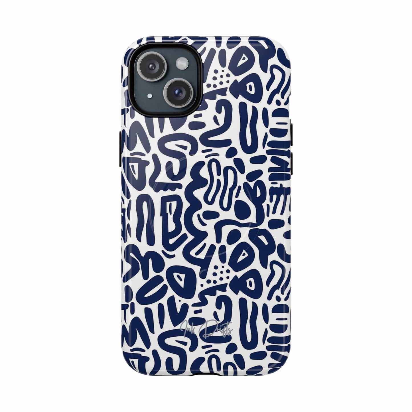 iPhone 15 Plus Glossy Phone Case - Indigo Doodle | MagSafe iPhone Case