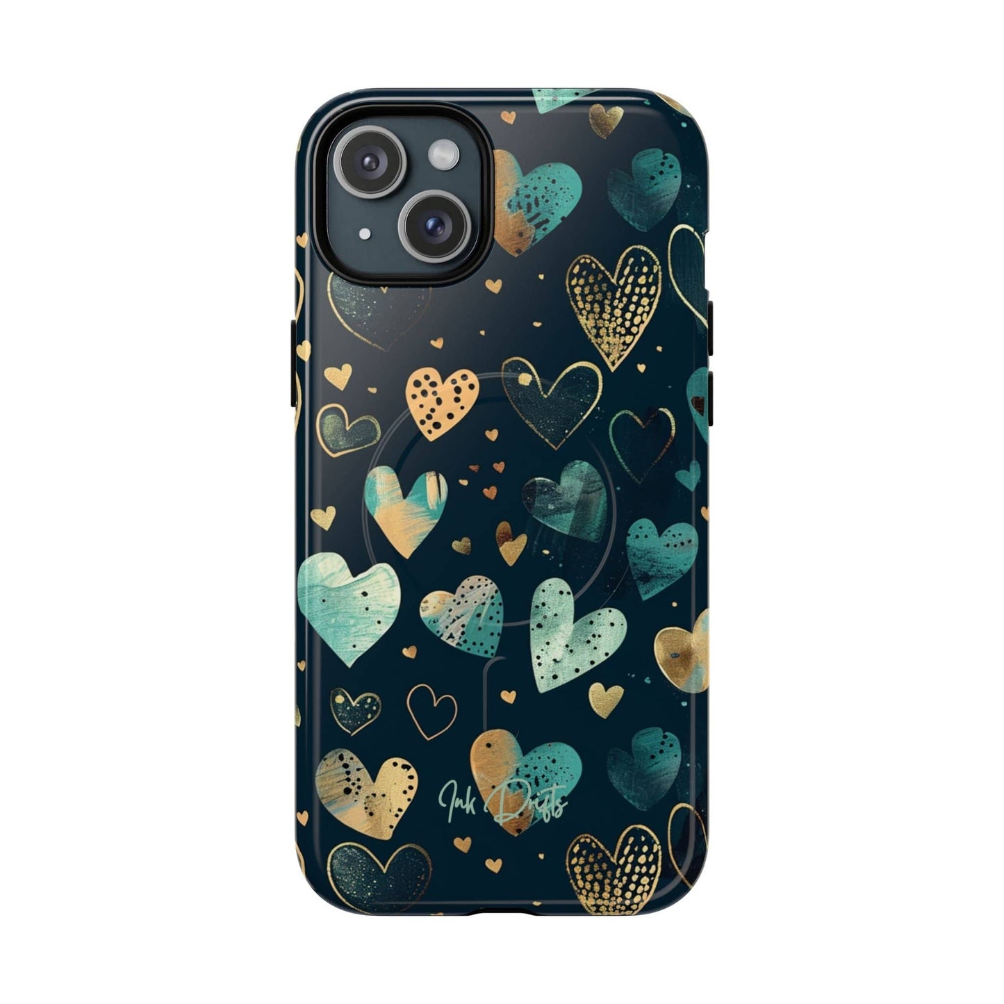 iPhone 15 Plus Glossy Phone Case - Golden Hearts | MagSafe iPhone Case