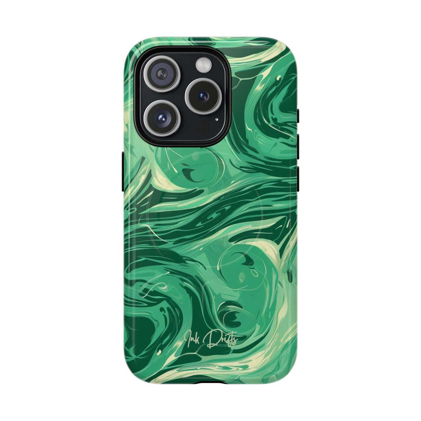 iPhone 15 Pro Glossy Phone Case - Emerald Swirl | MagSafe iPhone Case