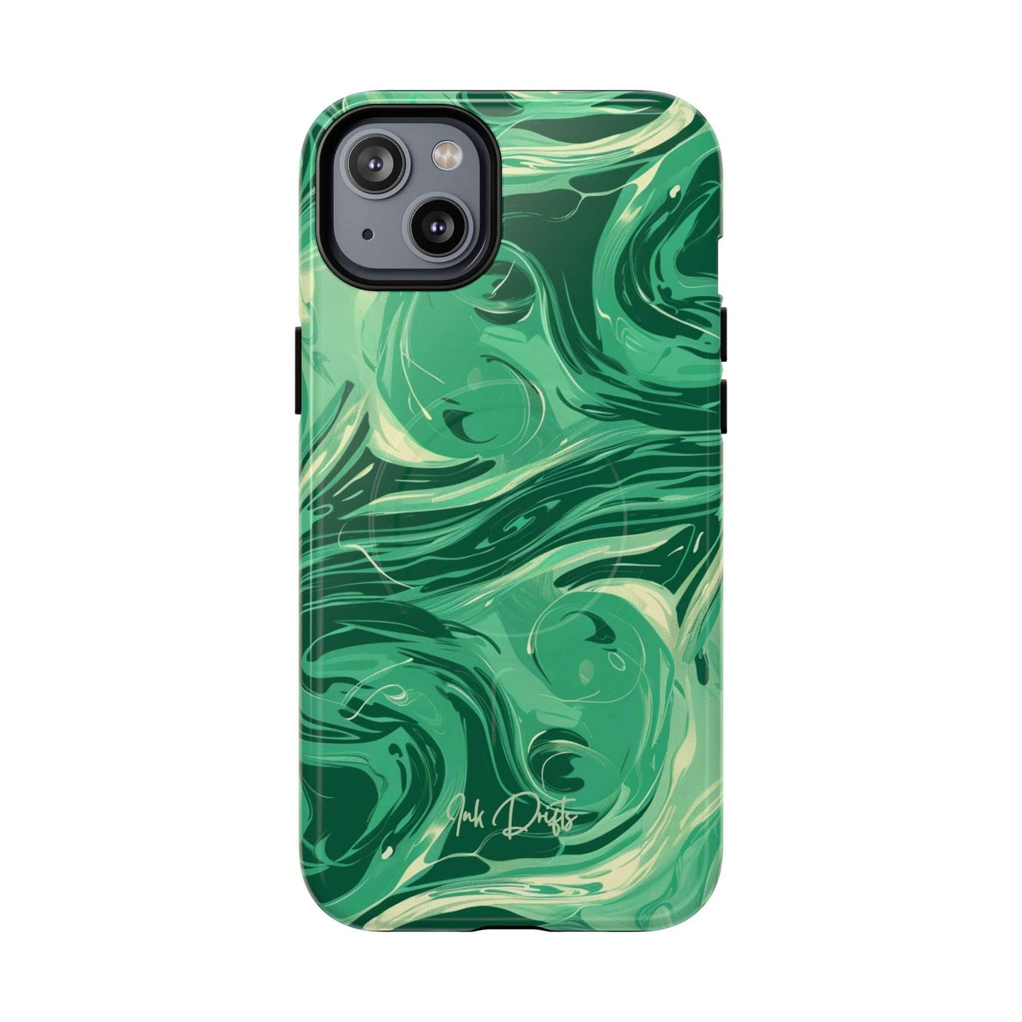 iPhone 14 Plus Glossy Phone Case - Emerald Swirl | MagSafe iPhone Case