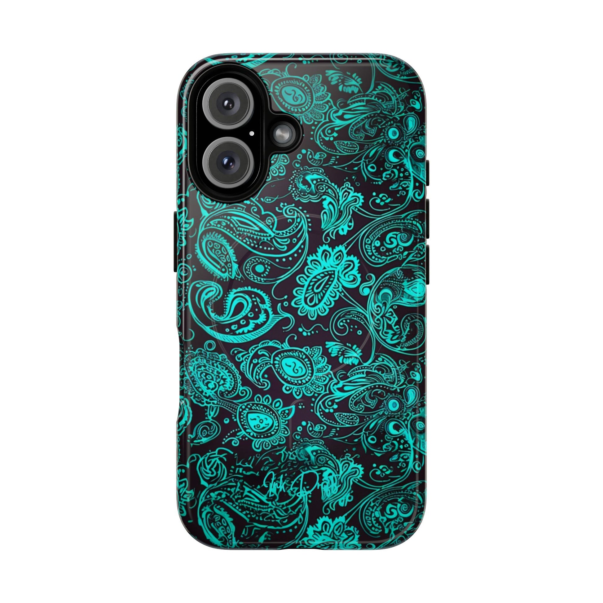 iPhone 16 Glossy Phone Case - Teal Paisley | MagSafe iPhone Case