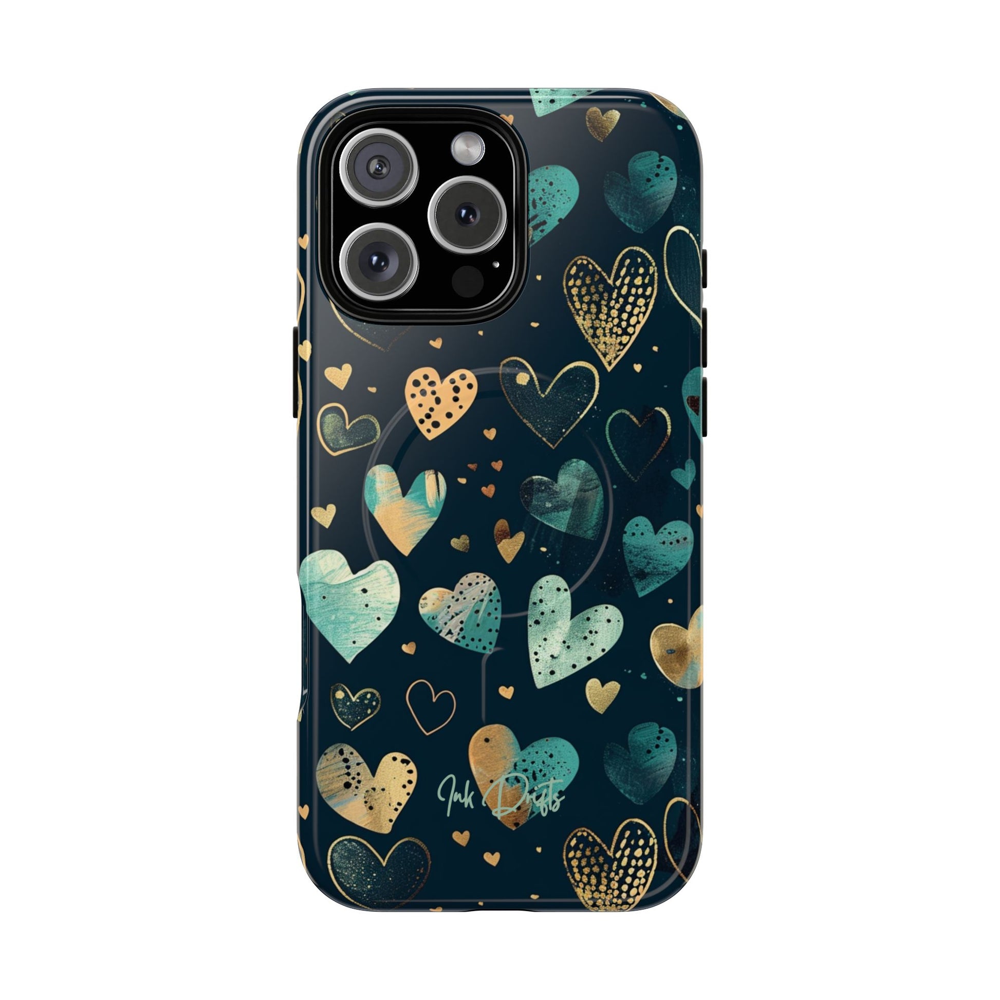 iPhone 16 Pro Max Glossy Phone Case - Golden Hearts | MagSafe iPhone Case