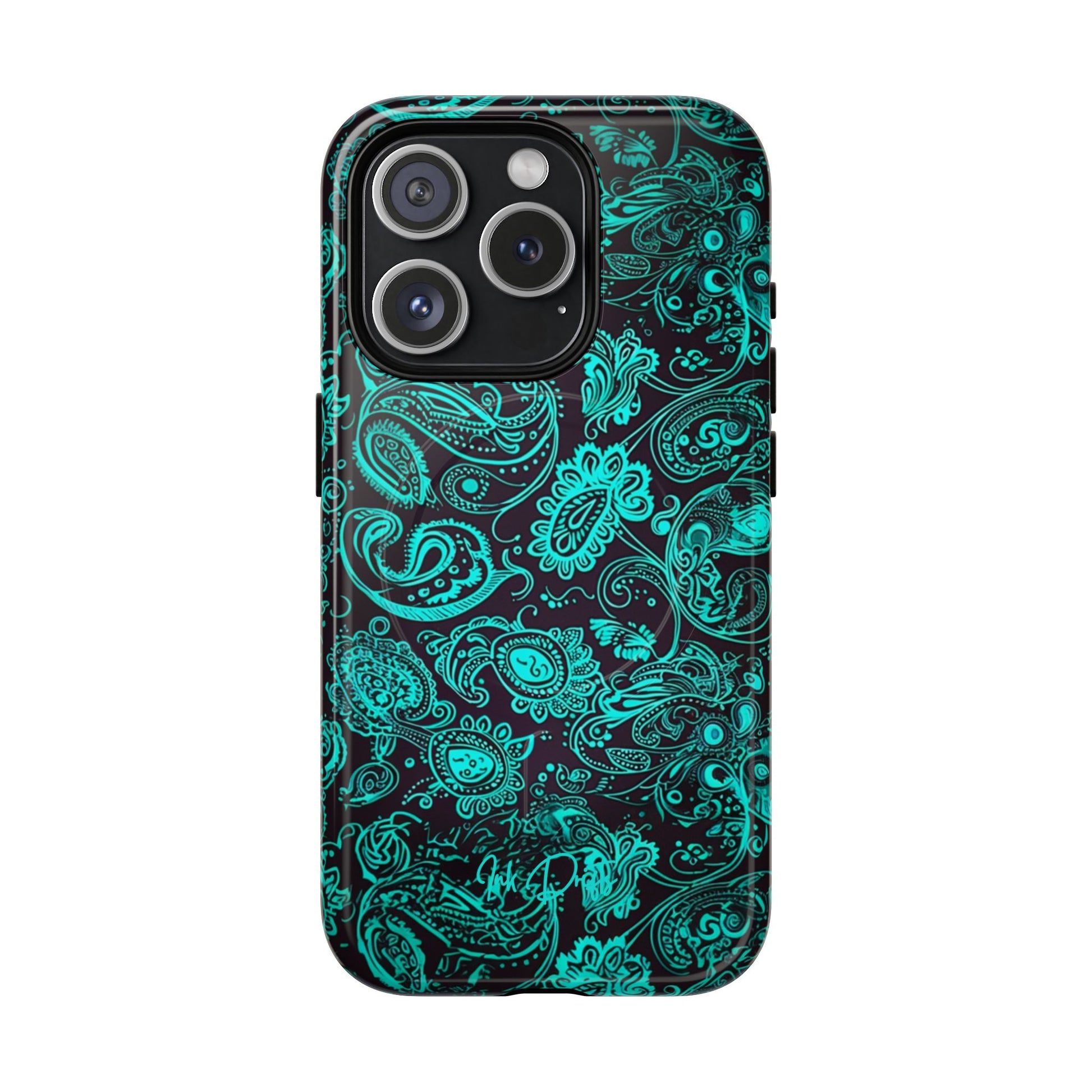 iPhone 15 Pro Glossy Phone Case - Teal Paisley | MagSafe iPhone Case