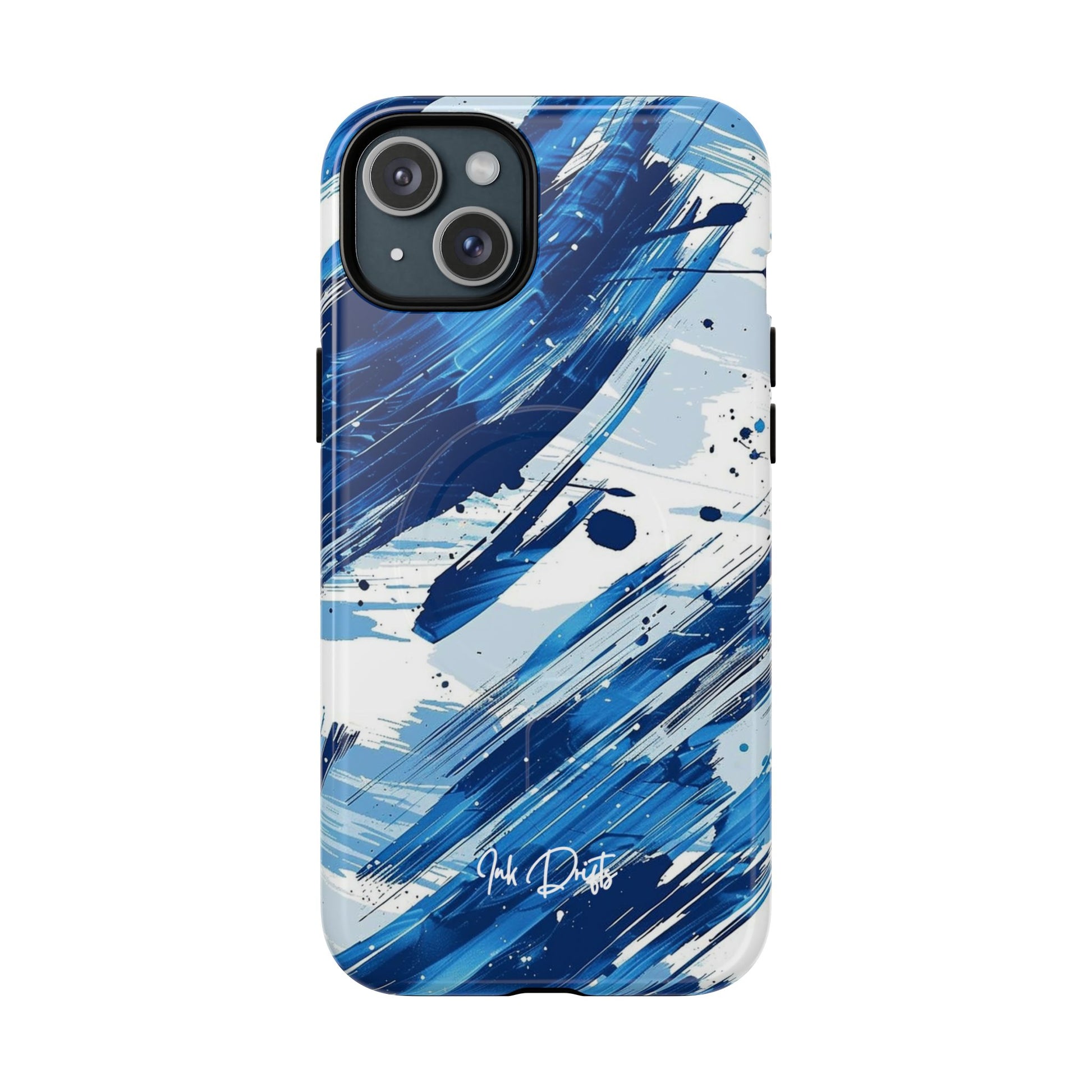 iPhone 15 Plus Glossy Phone Case - Azure Strokes | MagSafe iPhone Case