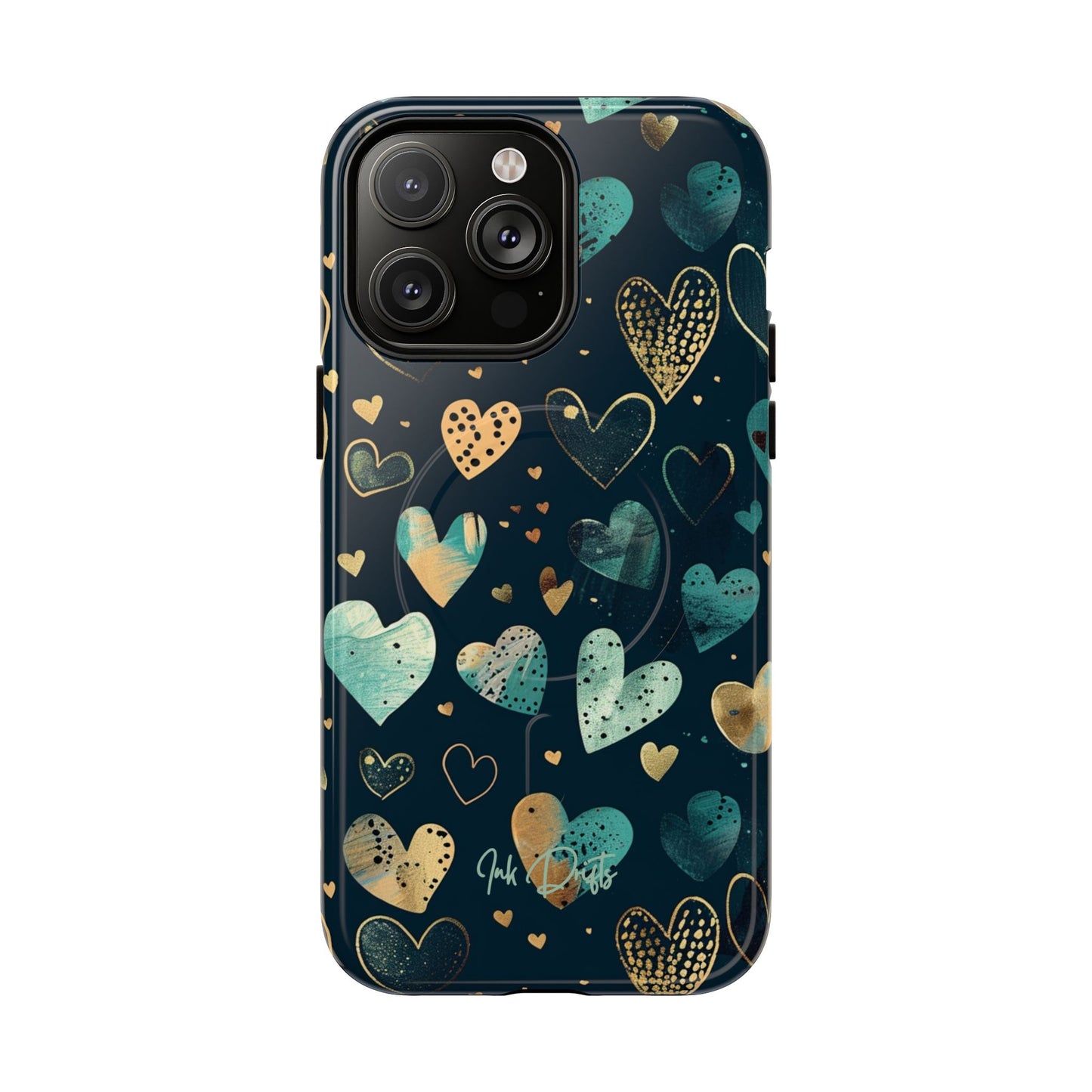 iPhone 14 Pro Max Glossy Phone Case - Golden Hearts | MagSafe iPhone Case