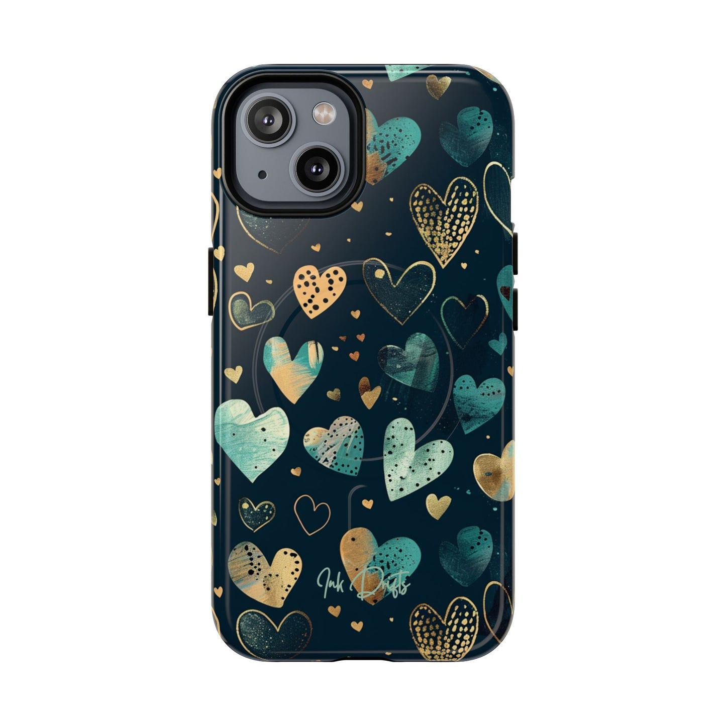 iPhone 14 Glossy Phone Case - Golden Hearts | MagSafe iPhone Case