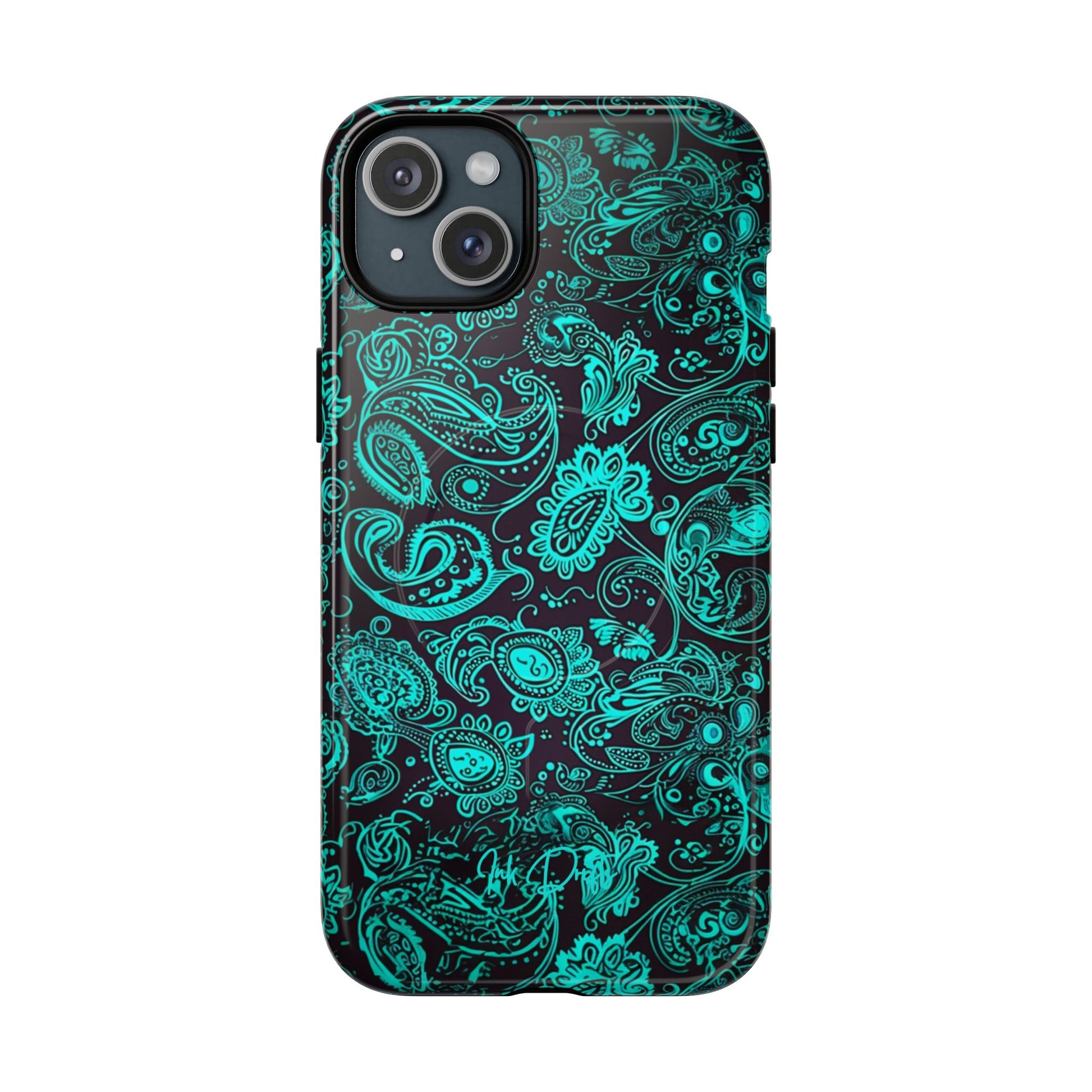 iPhone 15 Plus Glossy Phone Case - Teal Paisley | MagSafe iPhone Case