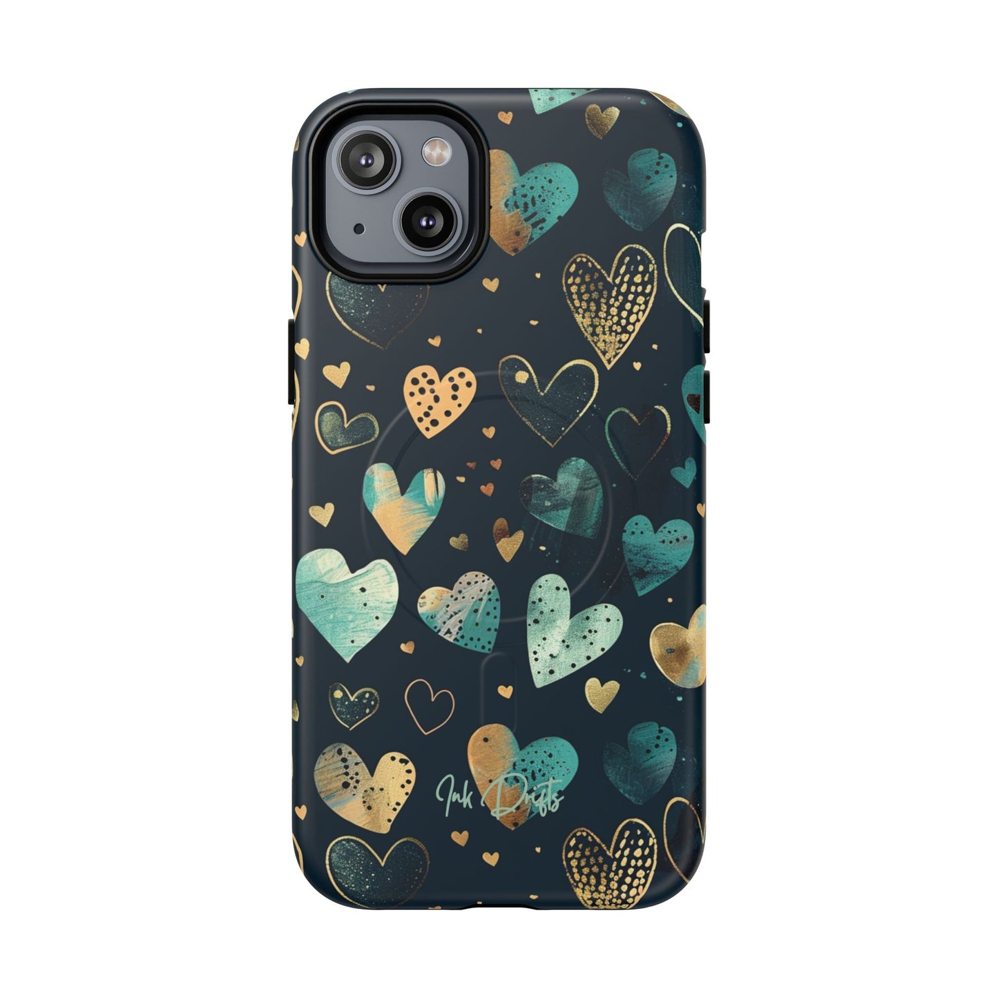 iPhone 14 Plus Matte Phone Case - Golden Hearts | MagSafe iPhone Case