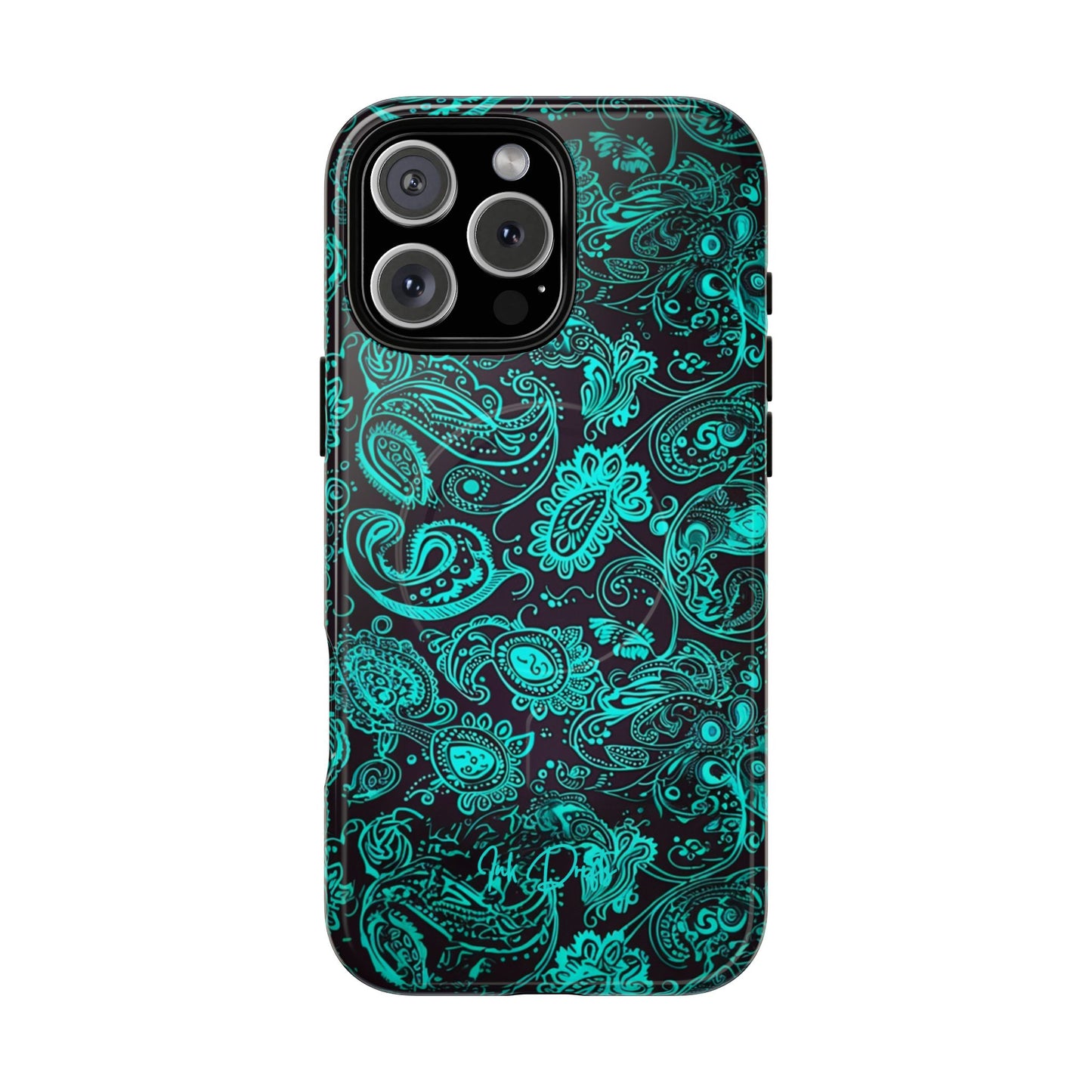 iPhone 16 Pro Max Glossy Phone Case - Teal Paisley | MagSafe iPhone Case