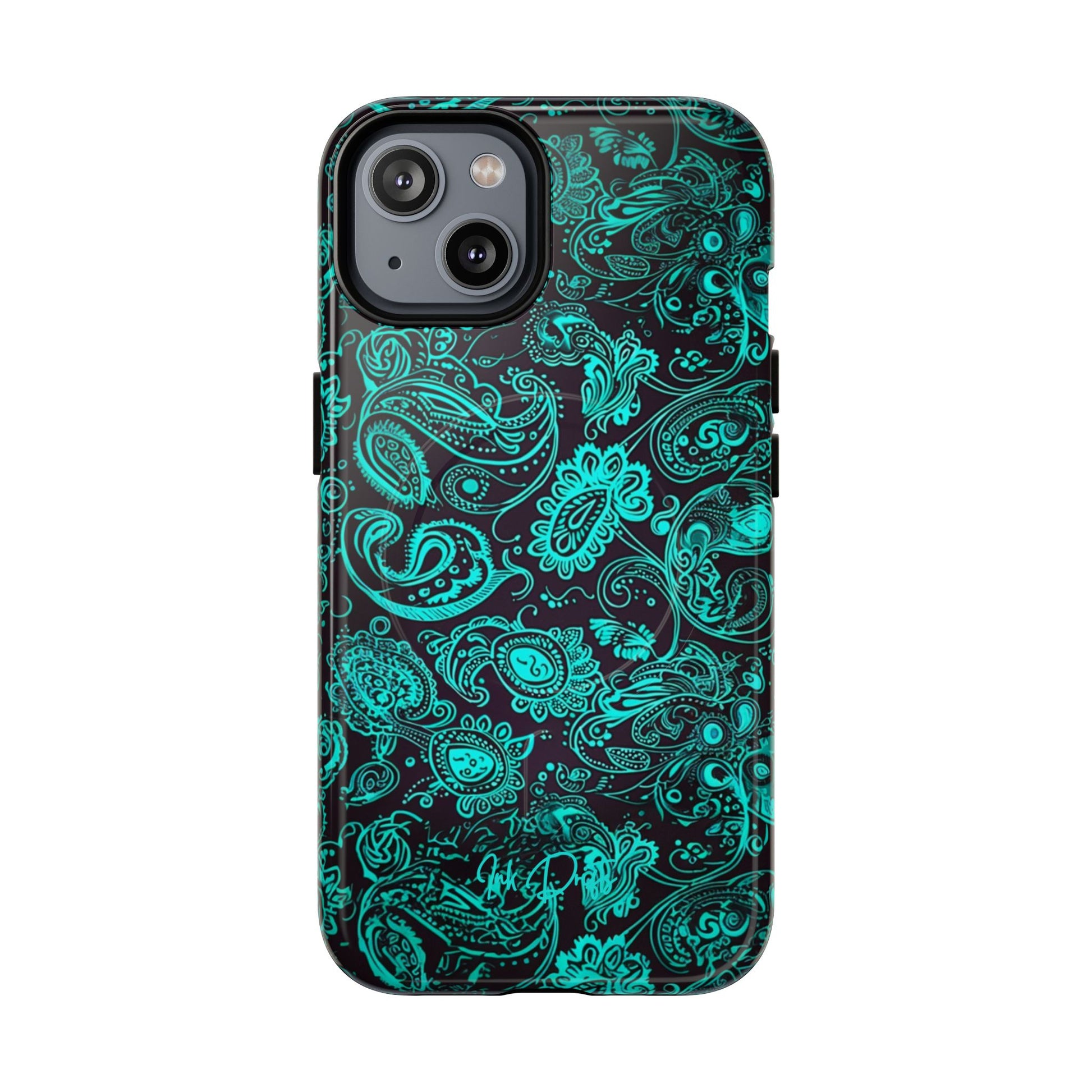 iPhone 14 Glossy Phone Case - Teal Paisley | MagSafe iPhone Case