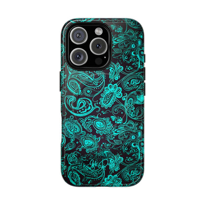 iPhone 16 Pro Glossy Phone Case - Teal Paisley | MagSafe iPhone Case