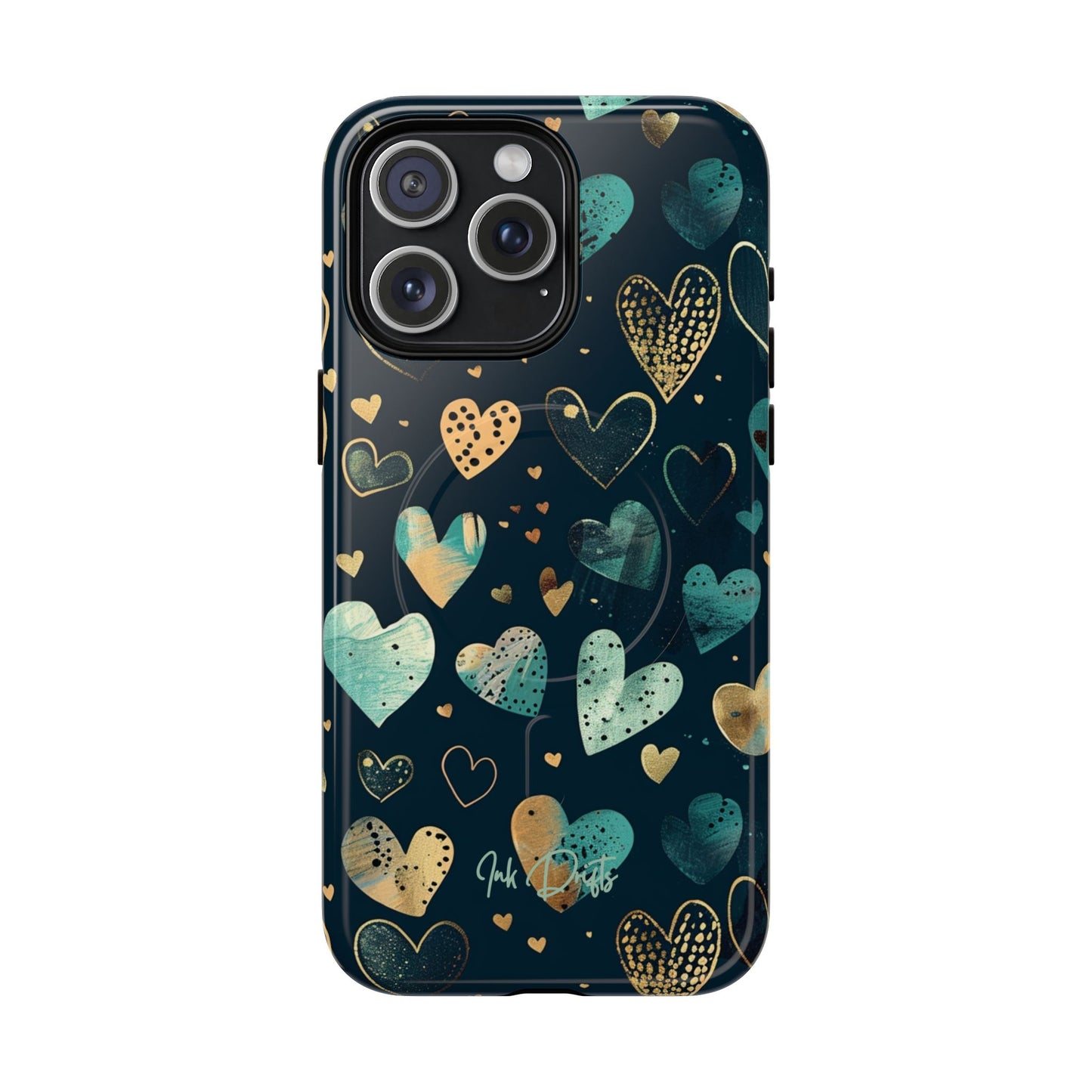 iPhone 15 Pro Max Glossy Phone Case - Golden Hearts | MagSafe iPhone Case