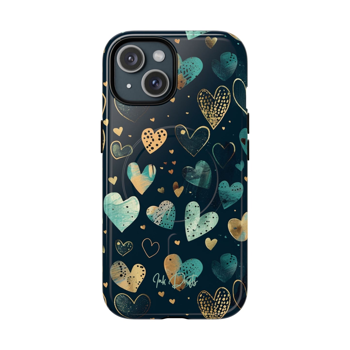 iPhone 15 Glossy Phone Case - Golden Hearts | MagSafe iPhone Case