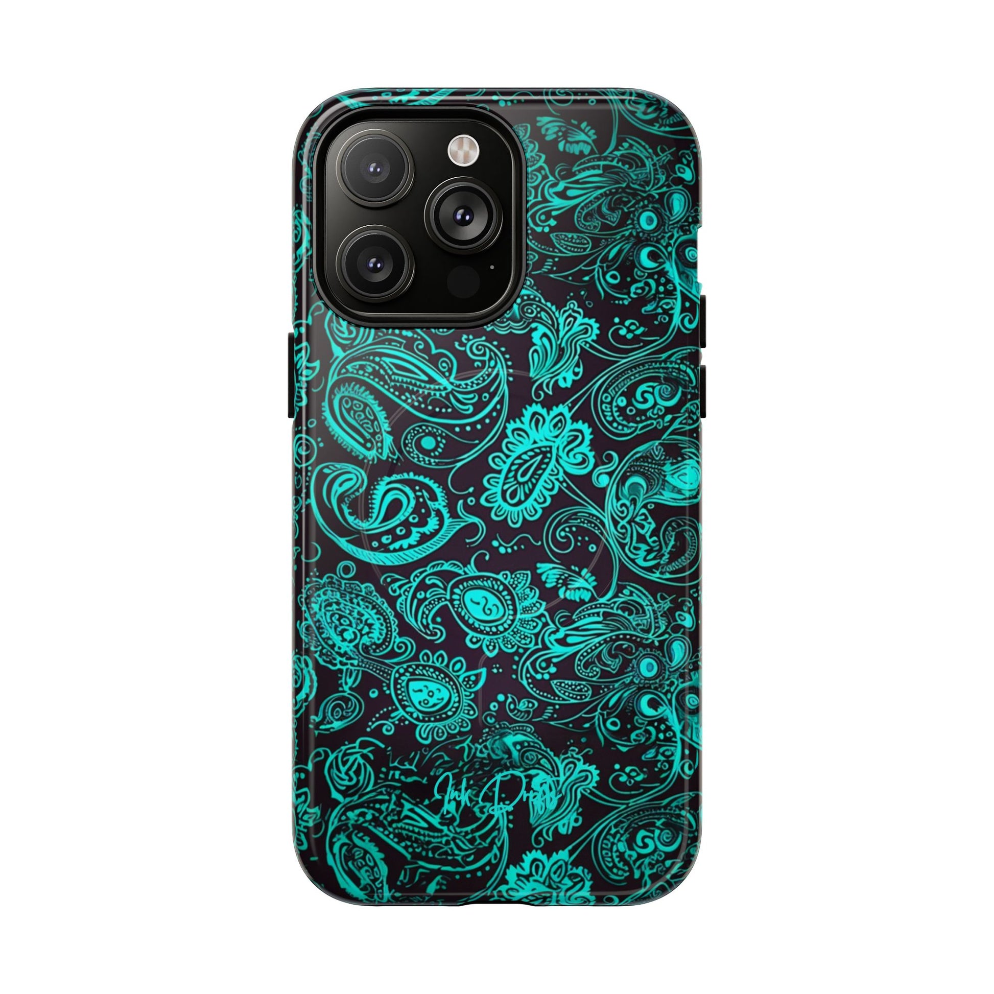 iPhone 14 Pro Max Glossy Phone Case - Teal Paisley | MagSafe iPhone Case